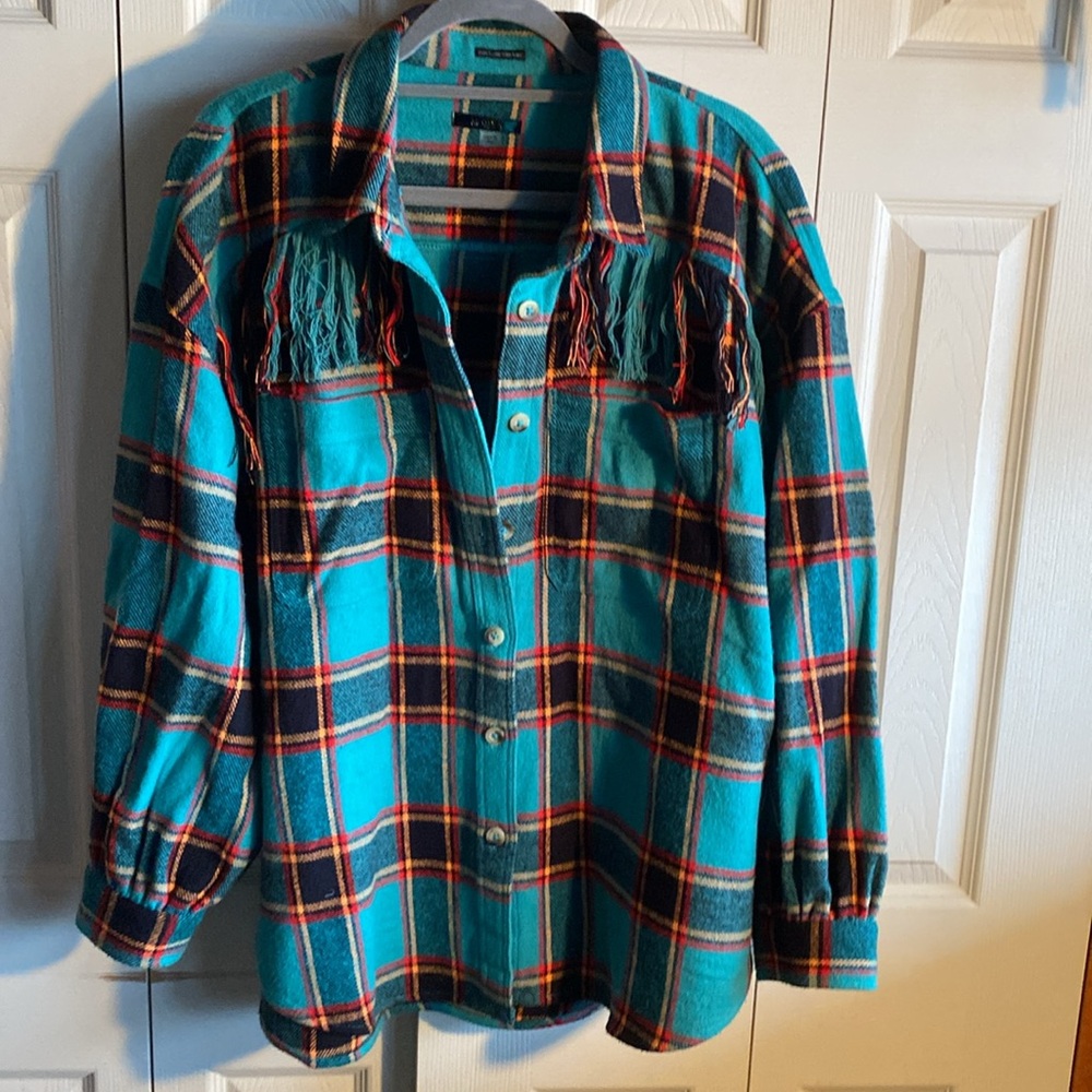 MOTHER NWT FRINGE BENEFITS 100% Cotton Plaid Hi/Lo hem Shirt/Shacket size medium